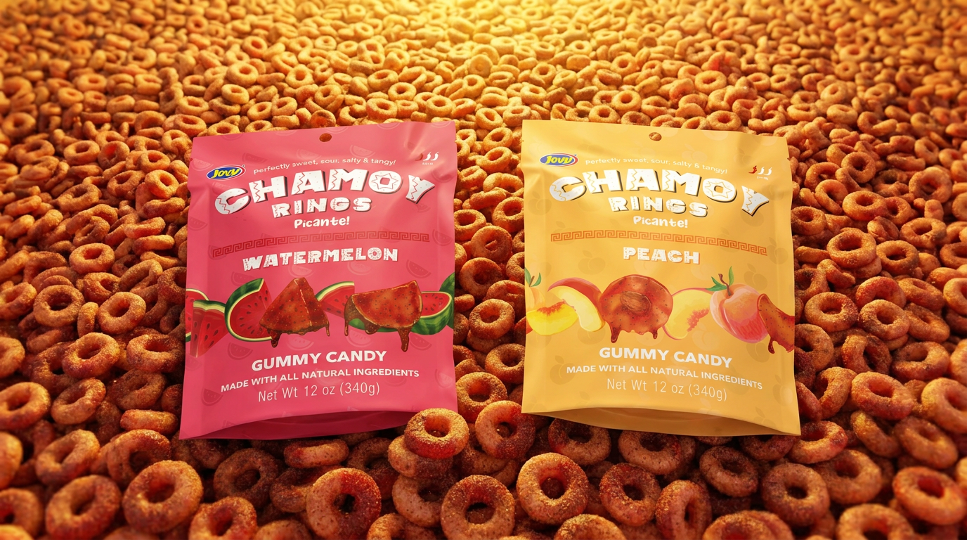 Jovy Candy Chamoy Rings watermelon and peach pouch packaging